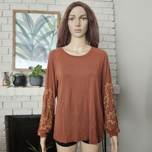 Aventura tunic top Small rust brown modal soft long sleeves embroidered